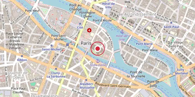 Street map of the area around Notre-Dame de Paris; the red dot marks 48°51′11″N 2°21′00″E