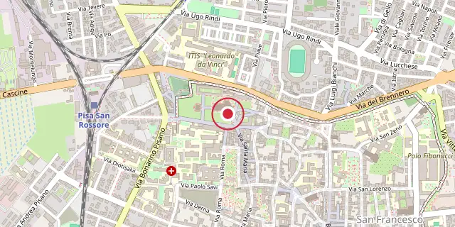 Street map of the area around Pisa Cathedral; the red dot marks 43°43′23″N 10°23′46″E