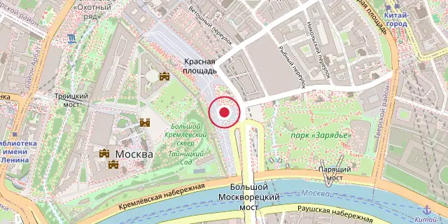 Street map of the area around Saint Basil's Cathedral; the red dot marks 55°45′07″N 37°37′23″E