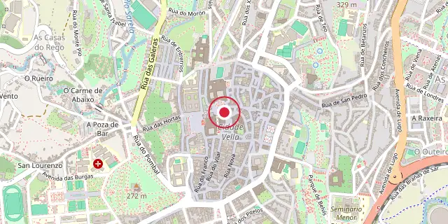 Street map of the area around Santiago de Compostela; the red dot marks 42°52′52″N 8°32′38″W