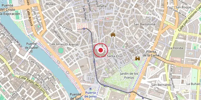 Street map of the area around Seville Cathedral; the red dot marks 37°23′10″N 5°59′35″W