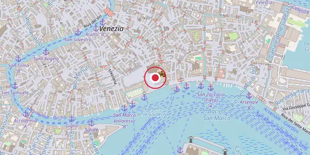 Street map of the area around St Mark's Basilica; the red dot marks 45°26′02″N 12°20′24″E