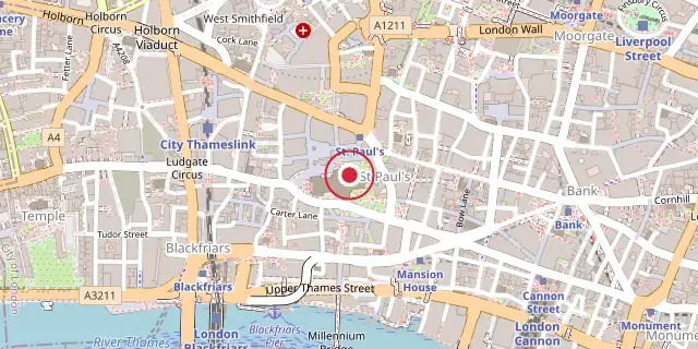 Street map of the area around St. Paul's Cathedral; the red dot marks 51°30′50″N 0°05′53″W