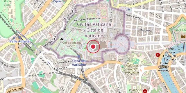 Street map of the area around St. Peter's Basilica; the red dot marks 41°54′07″N 12°27′11″E