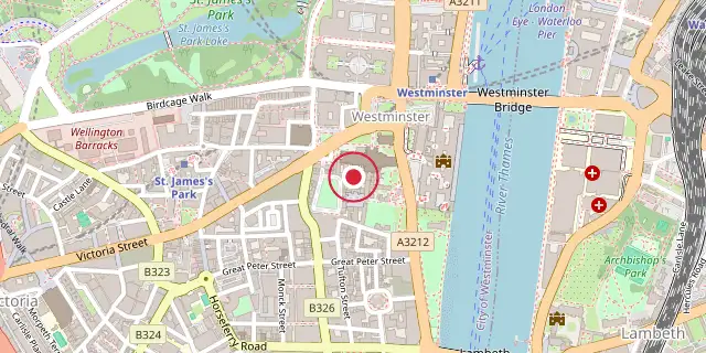 Street map of the area around Westminster Abbey; the red dot marks 51°29′56″N 0°07′41″W