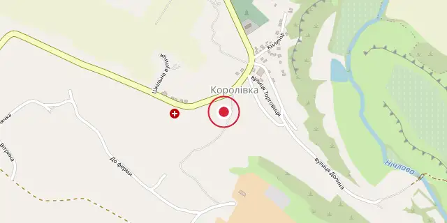 Street map of the area around Optymistychna Cave; the red dot marks 48°44′31″N 25°59′38″E