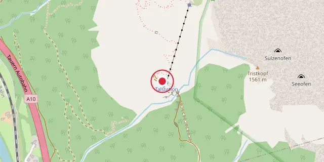 Street map of the area around Eisriesenwelt; the red dot marks 47°30′11″N 13°11′24″E