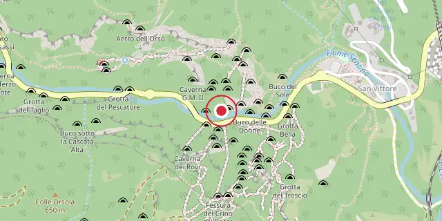 Street map of the area around Frasassi Caves; the red dot marks 43°24′04″N 12°57′43″E