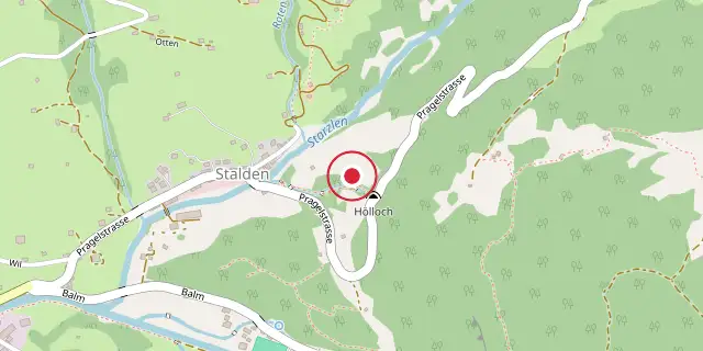 Street map of the area around Hölloch; the red dot marks 46°58′37″N 8°47′17″E