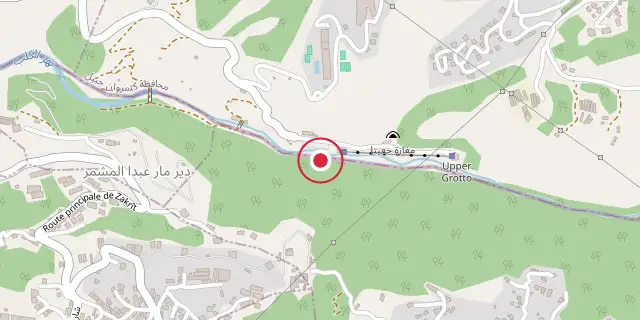Street map of the area around Jeita Grotto; the red dot marks 33°56′35″N 35°38′28″E