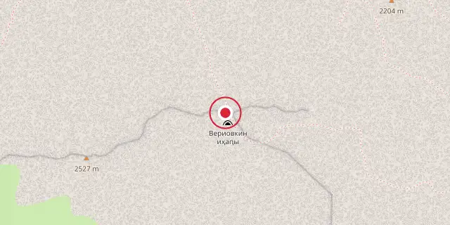 Street map of the area around Veryovkina Cave; the red dot marks 43°24′58″N 40°21′22″E