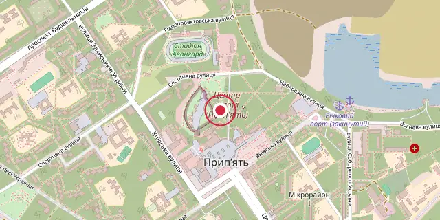 Street map of the area around Pripyat Amusement Park; the red dot marks 51°24′29″N 30°03′25″E