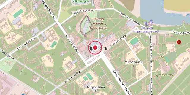 Street map of the area around Pripyat; the red dot marks 51°24′22″N 30°03′25″E