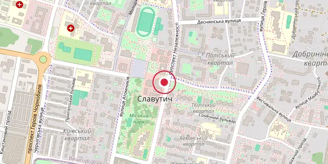 Street map of the area around Slavutych; the red dot marks 51°31′16″N 30°45′25″E