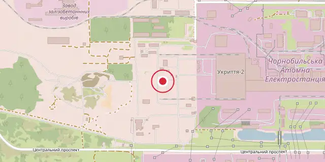 Street map of the area around New Safe Confinement; the red dot marks 51°23′20″N 30°05′35″E