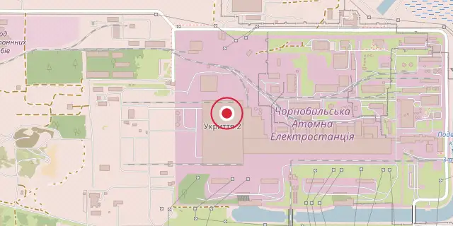 Street map of the area around Chernobyl Sarcophagus (Shelter Object); the red dot marks 51°23′24″N 30°05′56″E
