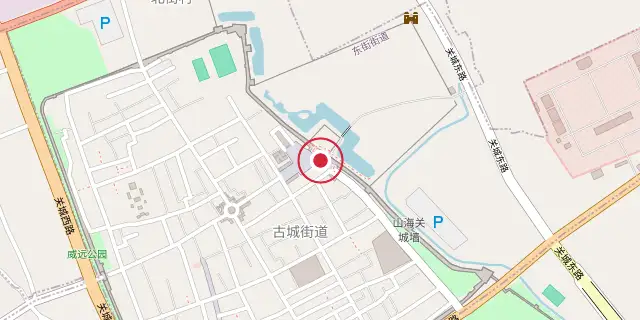 Street map of the area around Shanhai Pass; the red dot marks 40°00′32″N 119°45′14″E