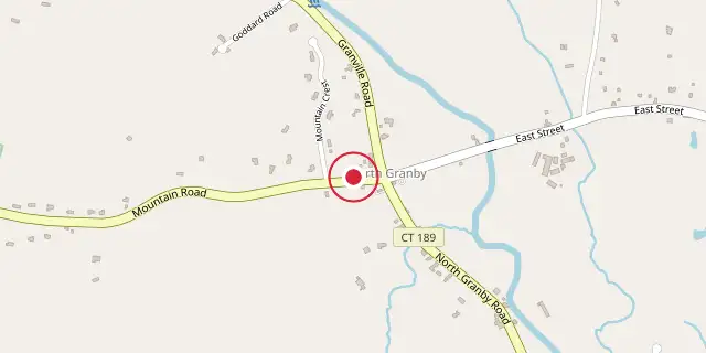 Street map of the area around Allen's Cider Mill; the red dot marks 41°59′46″N 72°49′55″W