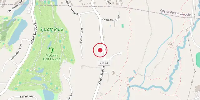 Street map of the area around Kimlin Cider Mill; the red dot marks 41°40′01″N 73°54′18″W
