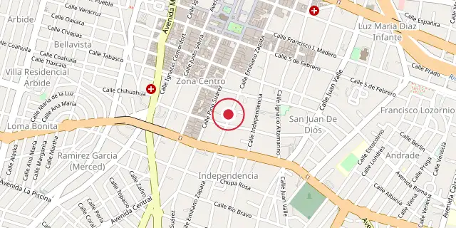 Street map of the area around León, Guanajuato; the red dot marks 21°07′01″N 101°40′59″W