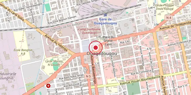 Street map of the area around Ouagadougou; the red dot marks 12°22′08″N 1°31′41″W