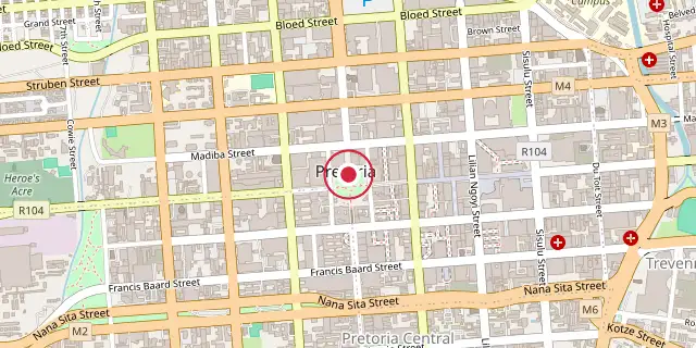 Street map of the area around Pretoria; the red dot marks 25°44′46″S 28°11′17″E