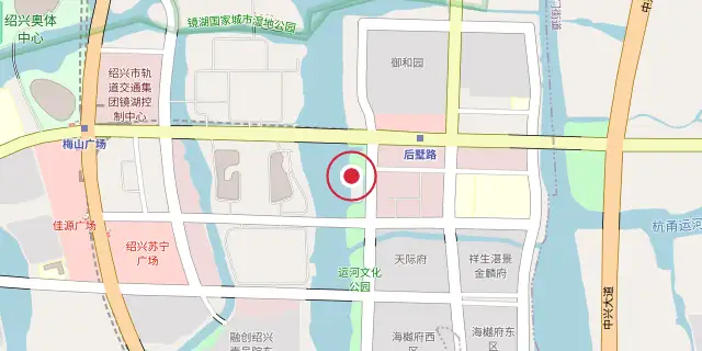 Street map of the area around Shaoxing; the red dot marks 30°03′04″N 120°34′59″E
