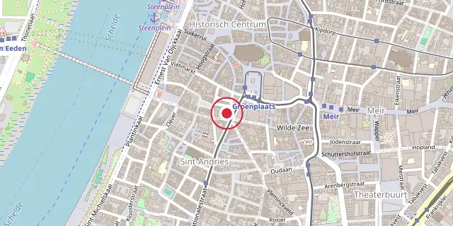 Street map of the area around Antwerp; the red dot marks 51°13′05″N 4°24′00″E