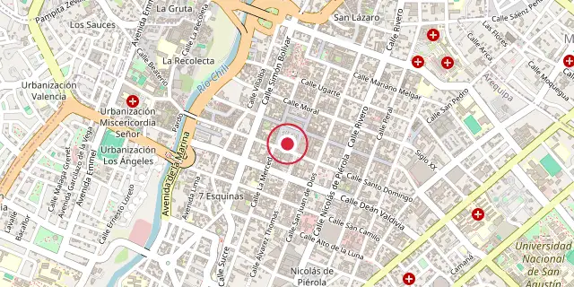 Street map of the area around Arequipa; the red dot marks 16°23′56″S 71°32′13″W