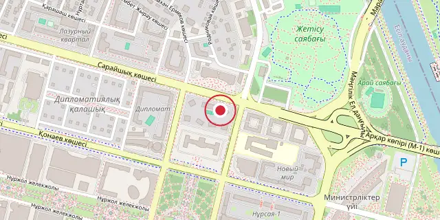 Street map of the area around Astana; the red dot marks 51°07′59″N 71°25′59″E