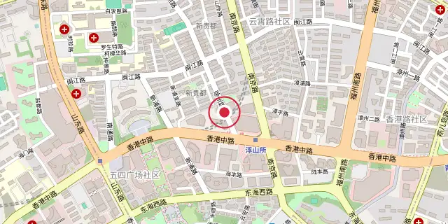 Street map of the area around Qingdao; the red dot marks 36°04′01″N 120°22′59″E