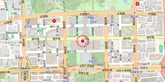 Street map of the area around Shenzhen; the red dot marks 22°32′49″N 114°03′14″E