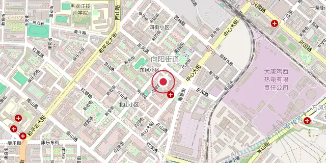 Street map of the area around Jixi; the red dot marks 45°17′42″N 130°58′08″E