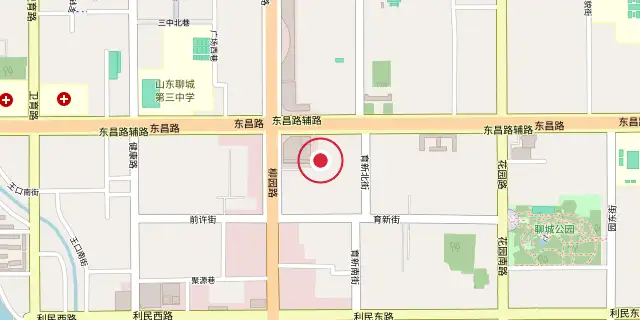 Street map of the area around Liaocheng; the red dot marks 36°27′22″N 115°59′06″E