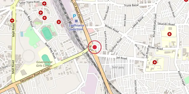 Street map of the area around Ludhiana; the red dot marks 30°54′32″N 75°51′07″E