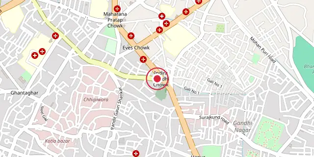 Street map of the area around Meerut; the red dot marks 28°58′48″N 77°42′36″E