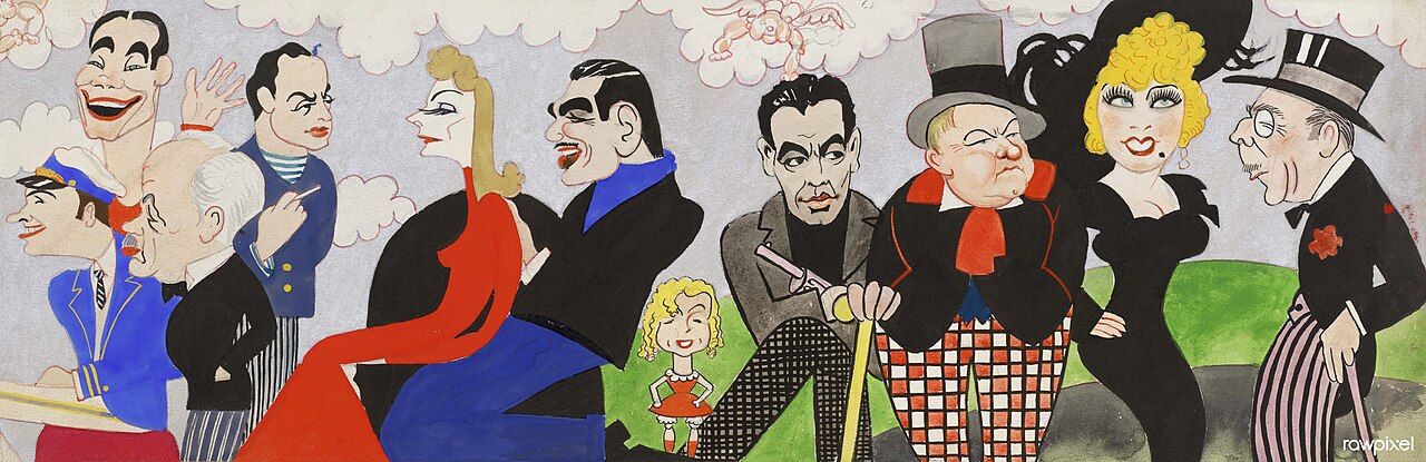 John Decker (1895-1947) Wilshire Bowl Restaurant mural design study Silver Screen 1941 04 Caricatures Hollywood actors 1920s-1930s Original Smithsonian Institution Digitally enhanced by rawpixel Garbo West Fields Gable etc
