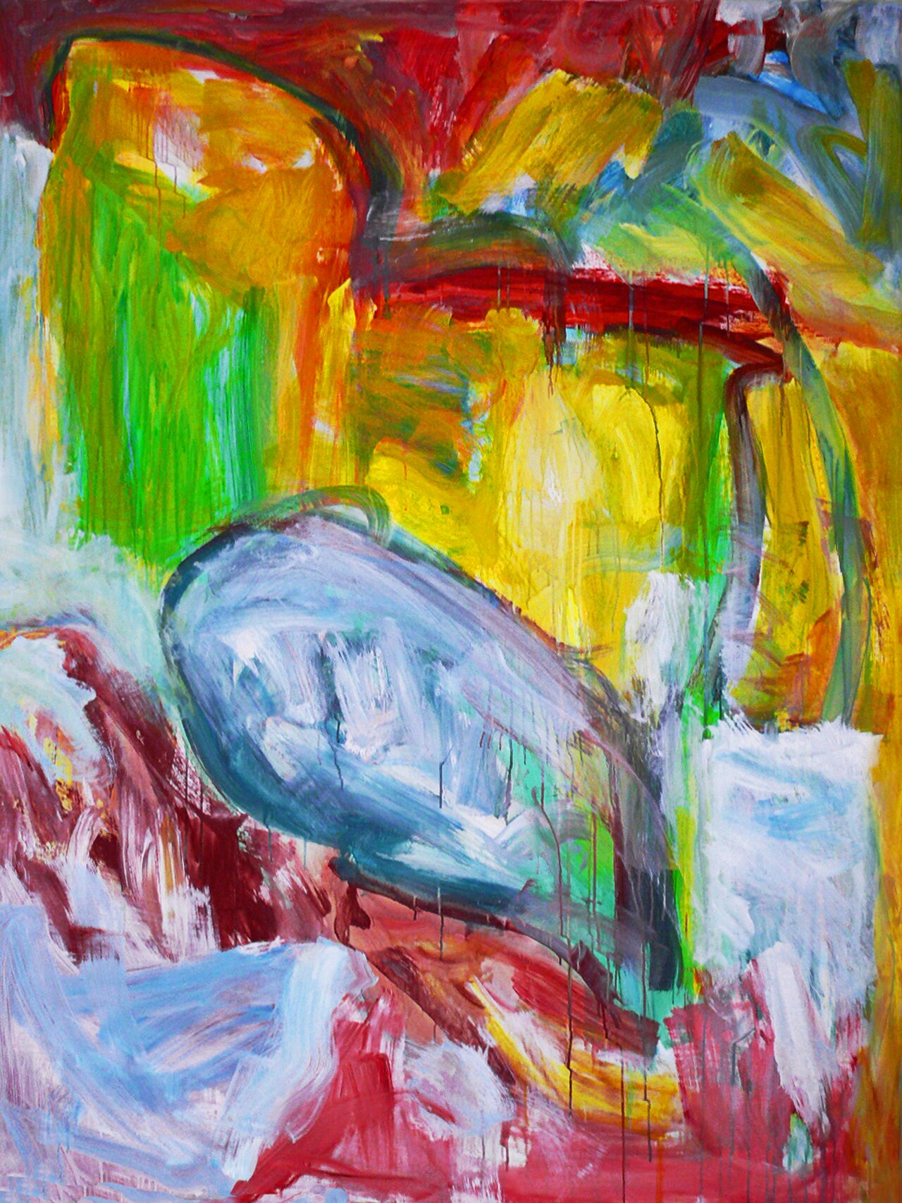 'Traffic lights' a large abstract painting on canvas, created together by Dutch artists Ben Vollers & Fons Heijnsbroek in 2008; modern colorful abstract drip art sketch for mural - free download image CC0, high resolutions TIFF
