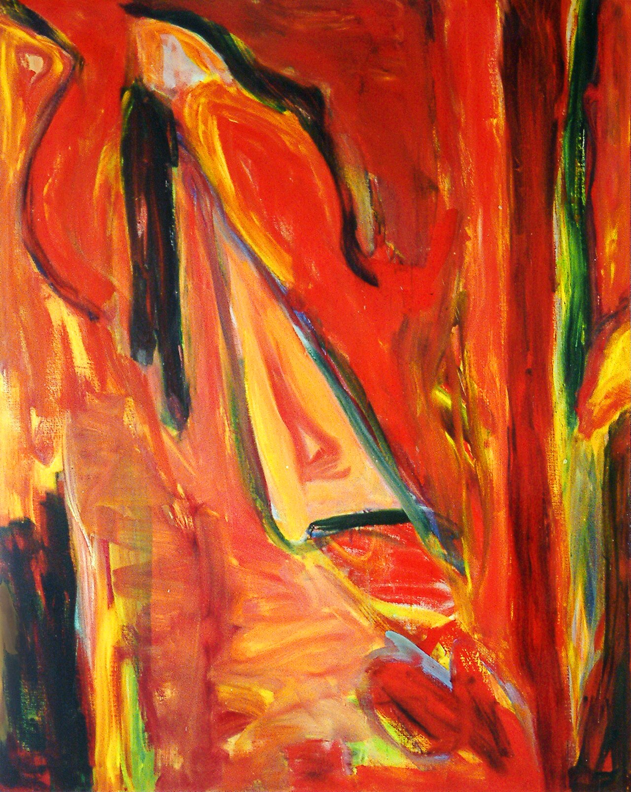 Abstract modern painting art on canvas with oil paint in red colors - title, 'no. 4.090' - painted on canvas in 1998 by artist Fons Heijnsbroek - free download art image in high resolution