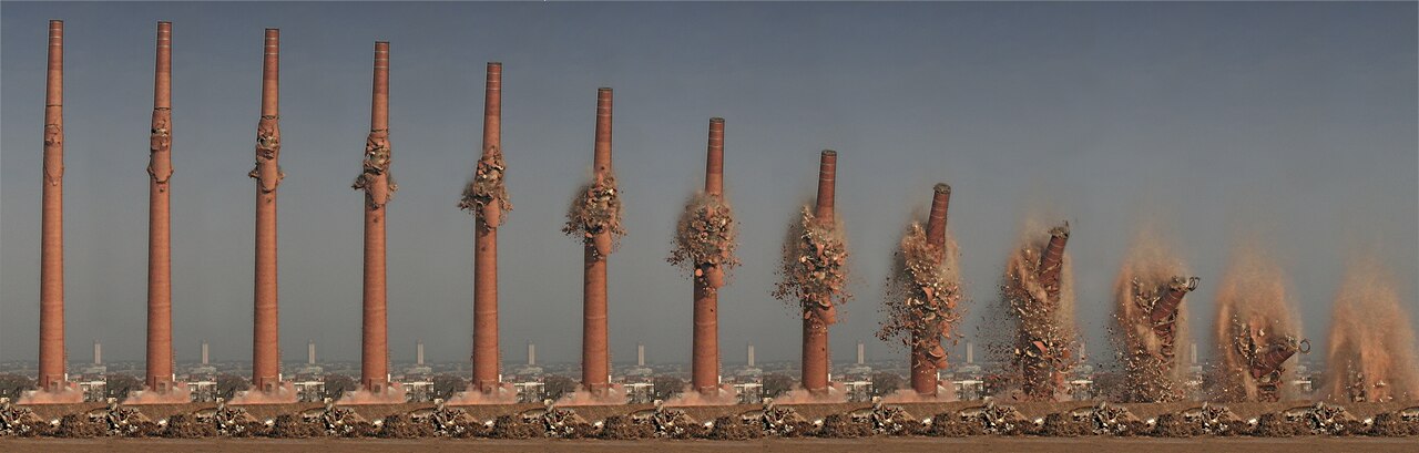 Blasting of a chimney at the former Henninger Brewery in Frankfurt am Main, Germany