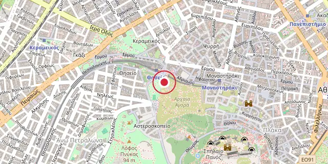 Street map of the area around Theseion; the red dot marks 37°58′34″N 23°43′16″E