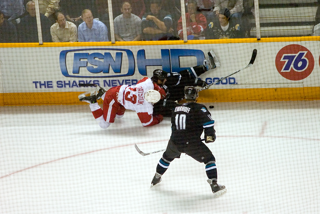 Pavel Datsyuk, Joe Thornton and Christian Ehrhoff