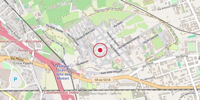 Street map of the area around Pompeii; the red dot marks 40°45′00″N 14°29′10″E