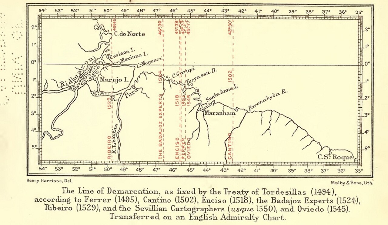 Henry Harisse, Ligne de démarcation selon le Traité de Tordesillas, 1494-1