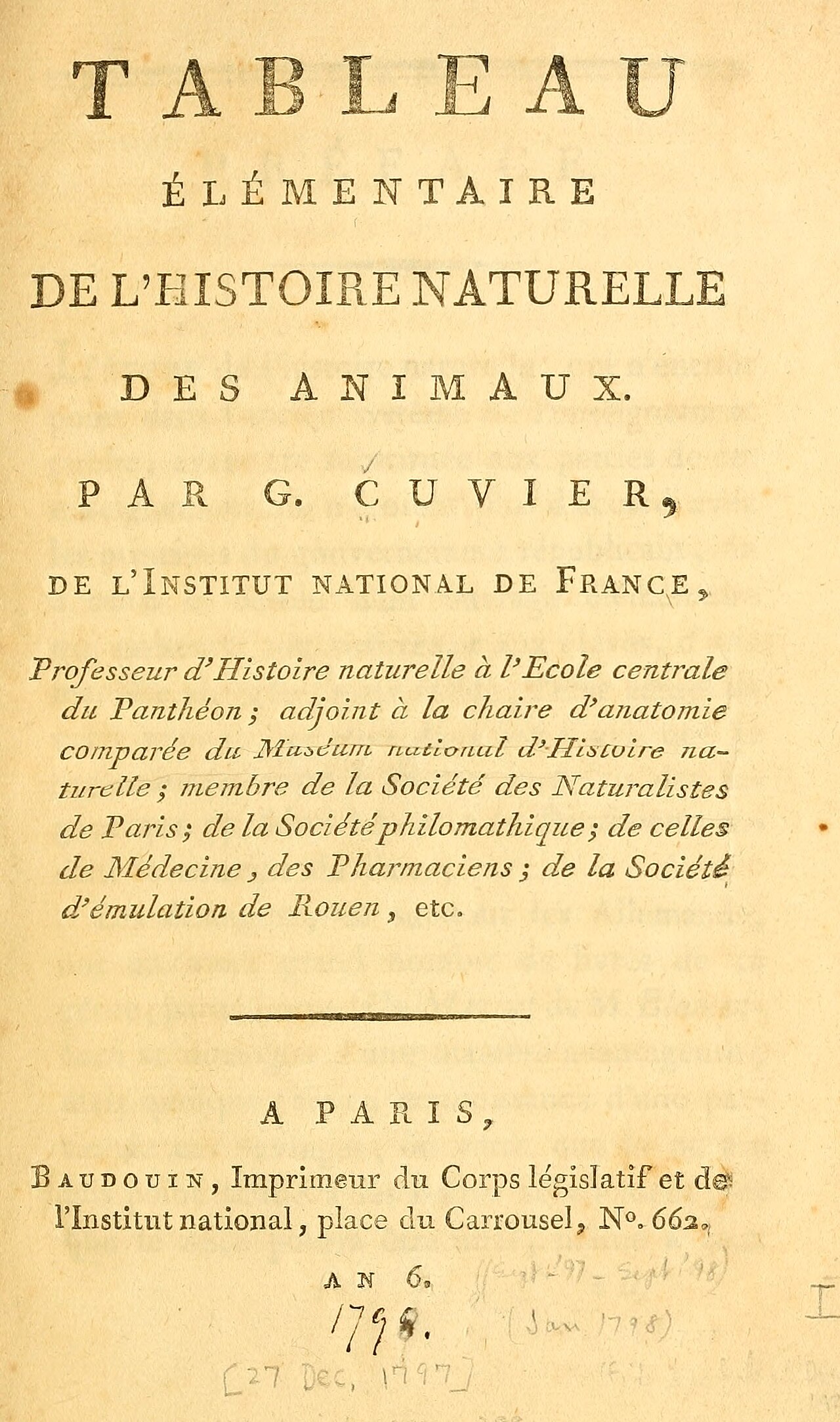 Cuvier, Georges – Tableau élémentaire de l'histoire naturelle des animaux, 1797 – BEIC