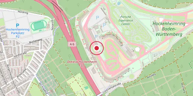 Street map of the area around Hockenheimring; the red dot marks 49°19′41″N 8°33′58″E