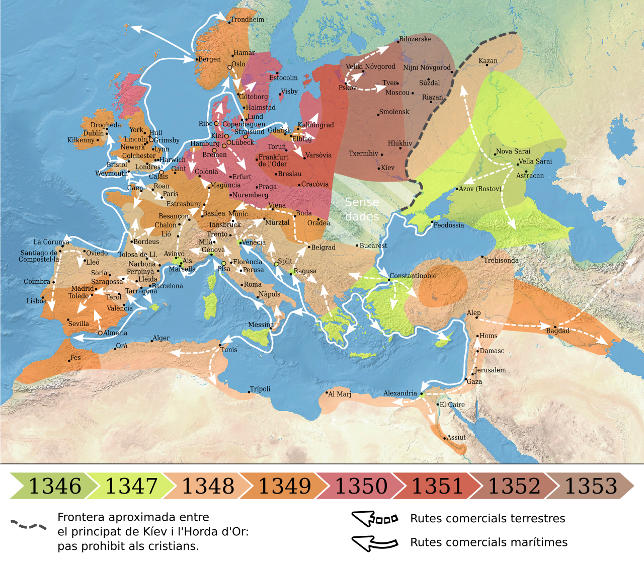 1346-1353 spread of the Black Death in Europe map-ca