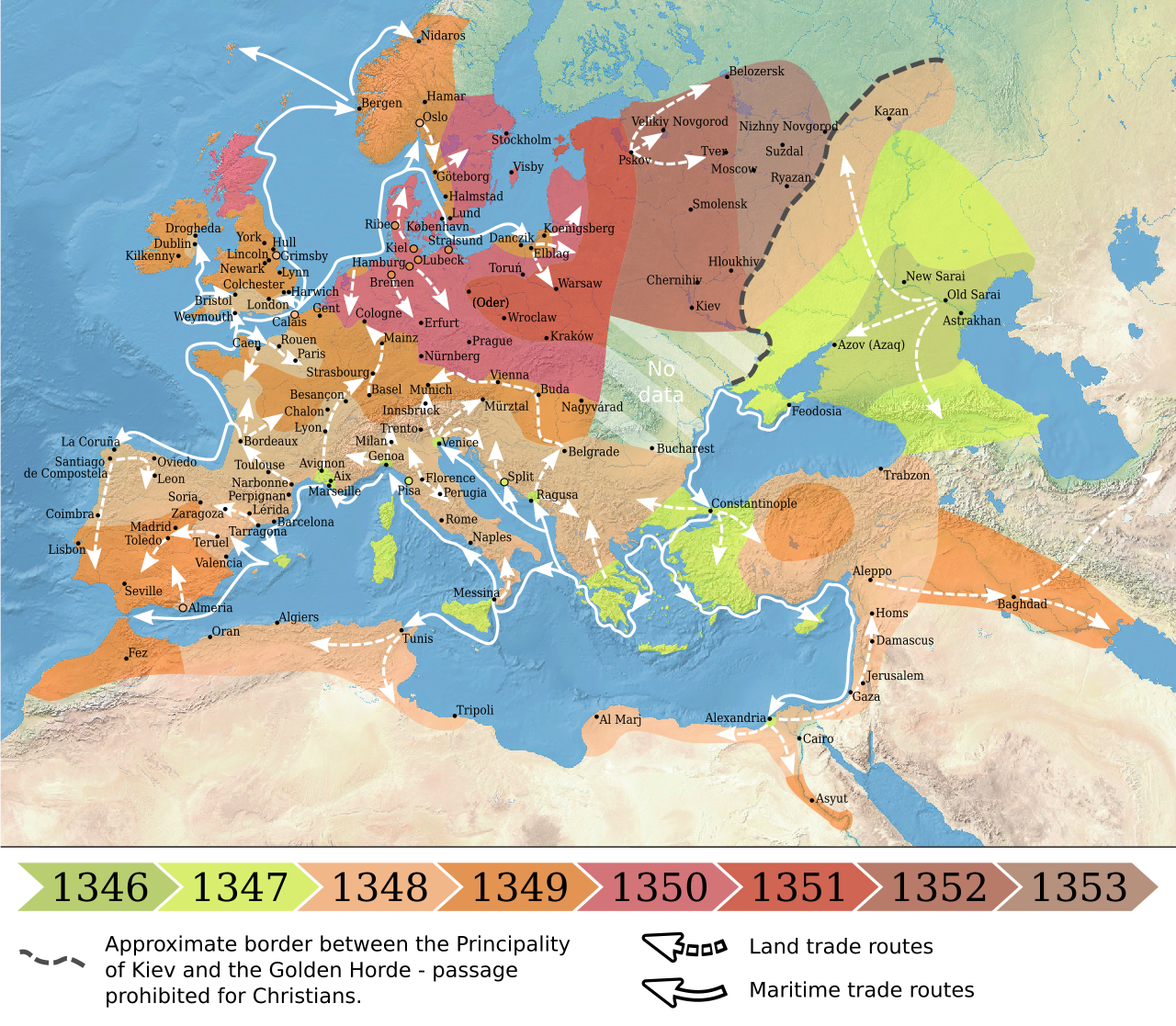1346-1353 spread of the Black Death in Europe map