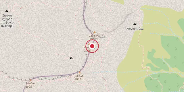 Street map of the area around Mount Olympus; the red dot marks 40°05′10″N 22°21′32″E