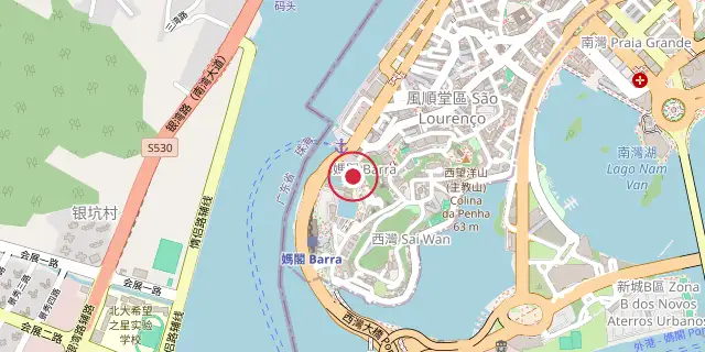 Street map of the area around A-Ma Temple; the red dot marks 22°11′10″N 113°31′52″E